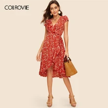 COLROVIE, ржавчина, цветочный принт, оборки, отделка, платье, женское, лето, глубокий v-образный вырез, для девушек, бохо, облегающее и расклешенное, высокая талия, миди платье