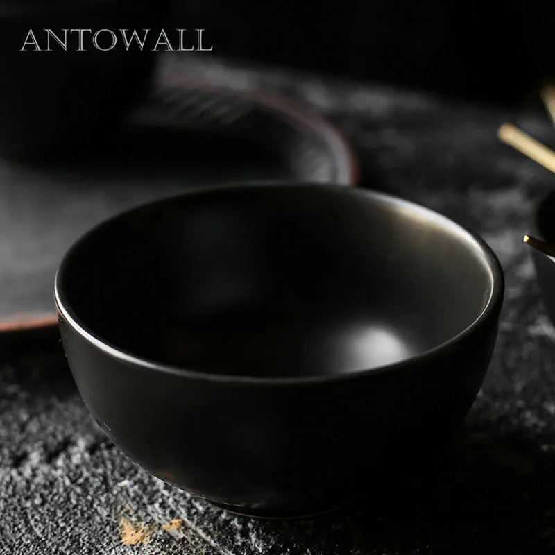 

ANTOWALL Black matt ceramic rice bowl noodle fruit salad bowl home restaurant frosted black tableware