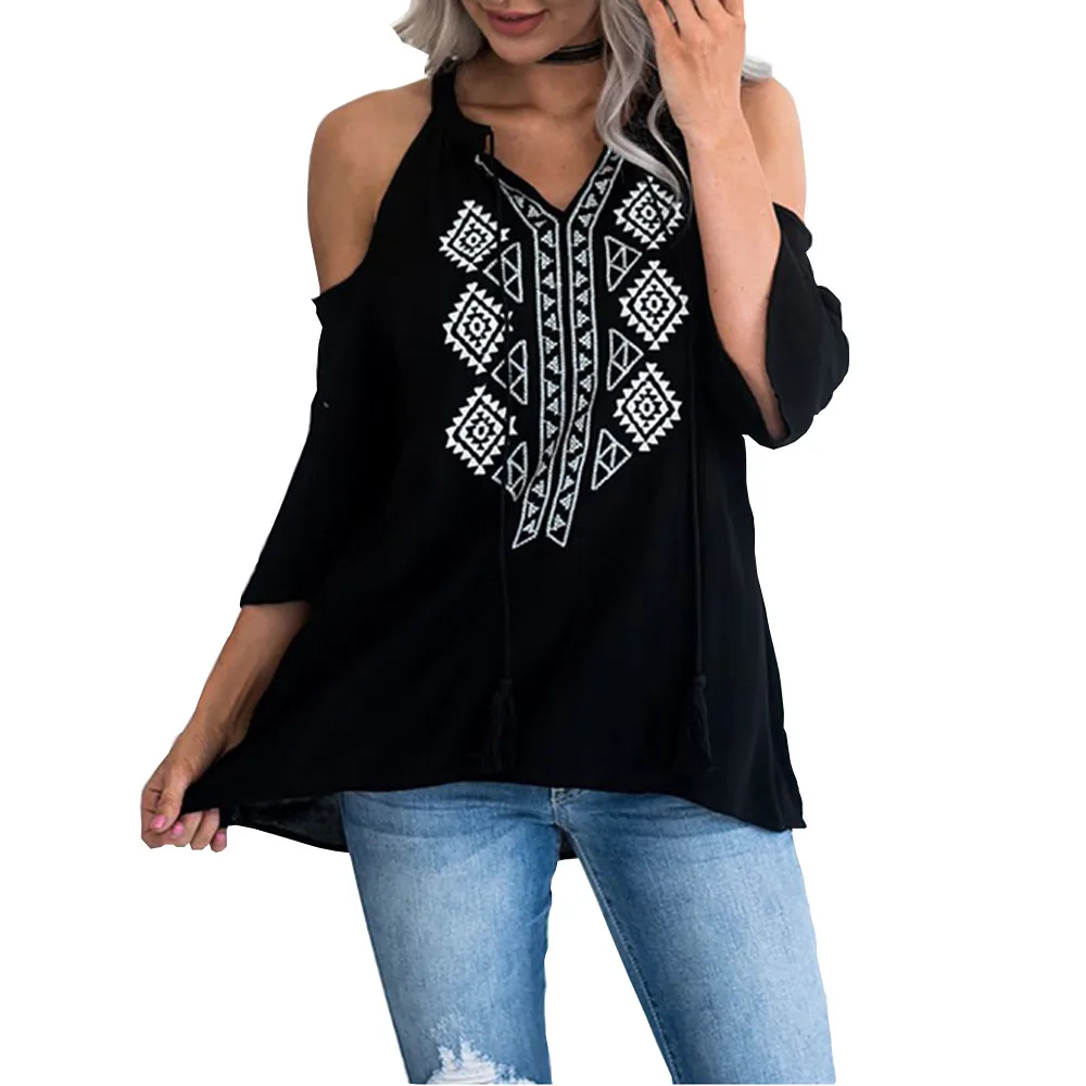 Muqgew Для женщин Cold Shoulder Shirt кисточкой Кружева до шифона с принтом партия ежедневно Повседневное свободные Топы футболка Повседневное Для
