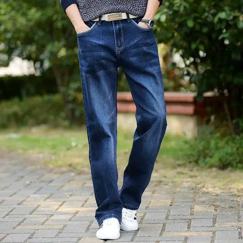 Мужские джинсы с широкими штанинами, слегка расклешенные, облегающие, известный бренд, синие, черные, дизайнерские, классические, мужские, Стрейчевые джинсы - Цвет: Синий