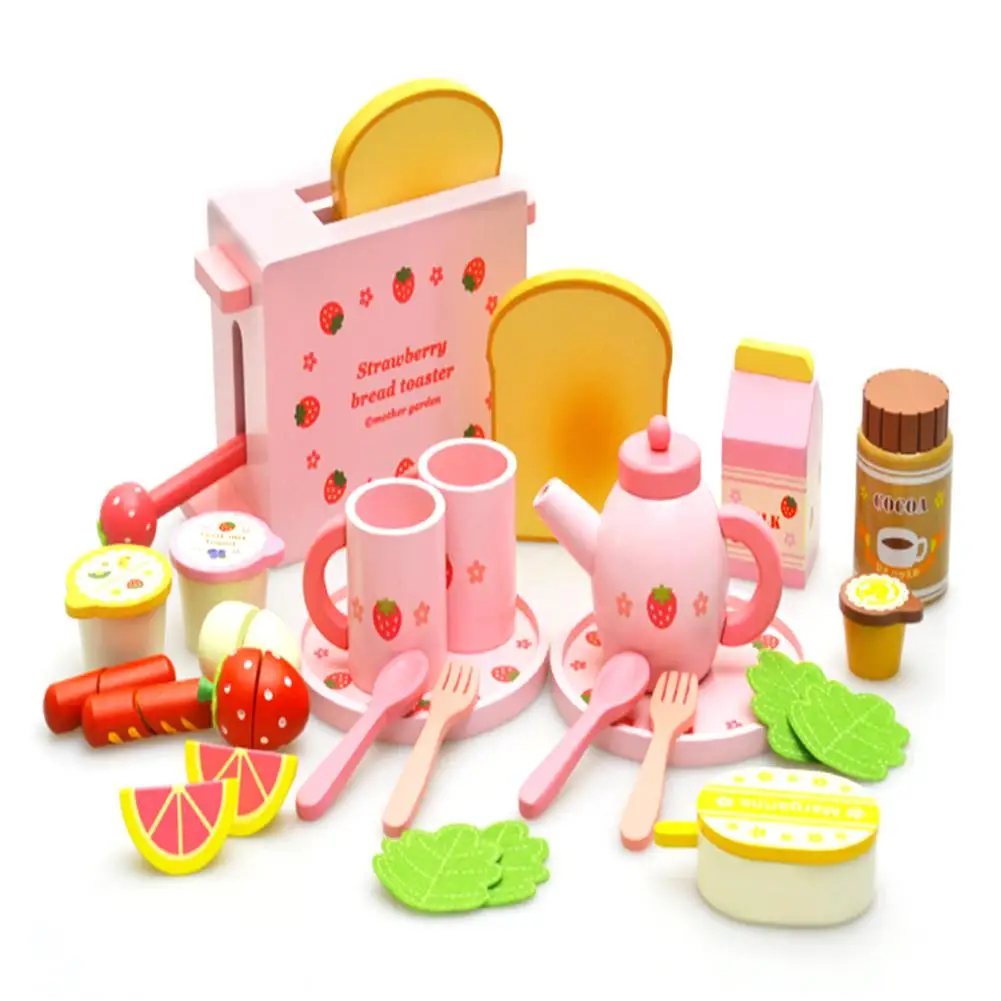 

Complete Set Of Wooden Bread Machine Kitchen Toys With Cute Dishes And Spoons Tea Set Milk And Fruits Model For Children