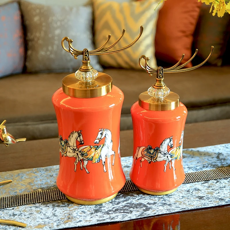 Оранжевая керамическая креативная банка для хранения домашнего декора, украшение комнаты, фарфоровая статуэтка, винтажный Декор "лошадь", Подарочные банки