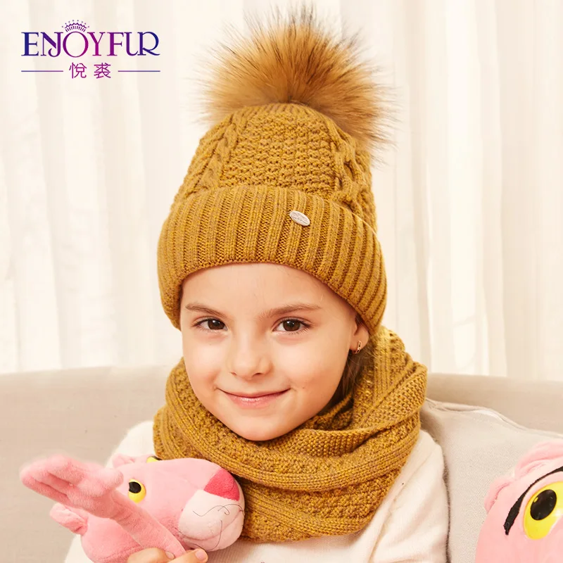 

ENJOYFUR winter hat and scarf set for girls high quality Cotton knitted soft hat girl thick boy caps children warm hat set