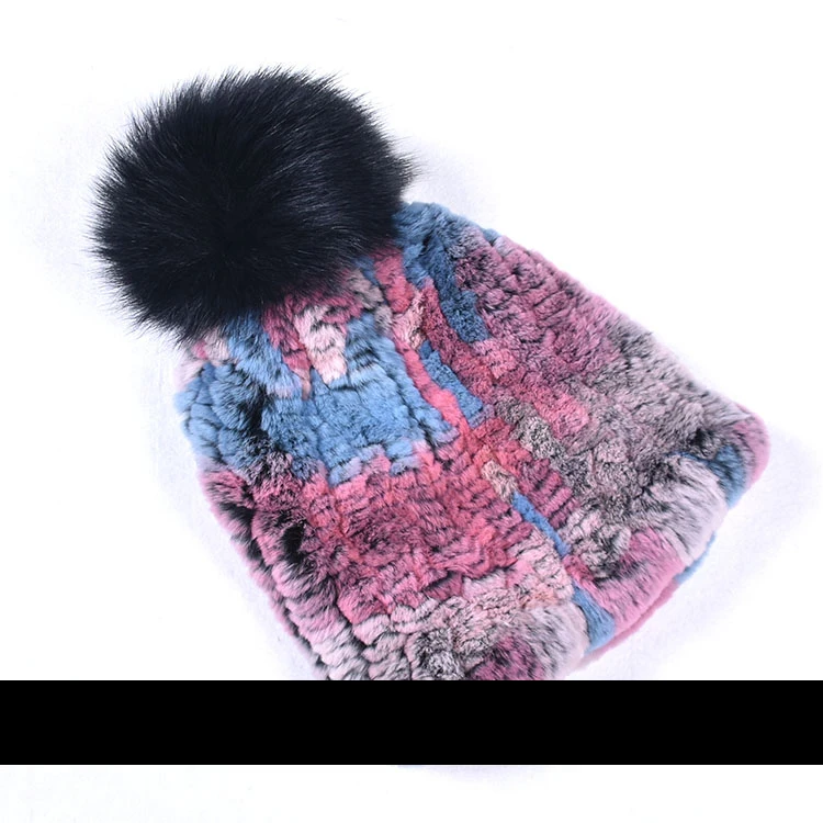 Зимняя меховая шапка для женщин, настоящий мех кролика, шапка с лисьим мехом, помпоны, меховые вязаные шапочки - Цвет: NO.8 Rainbow color