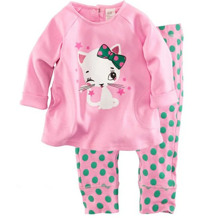 Hot Sale Child Nightwear Pajama Set Cotton Long Warm Girl Pink Cats