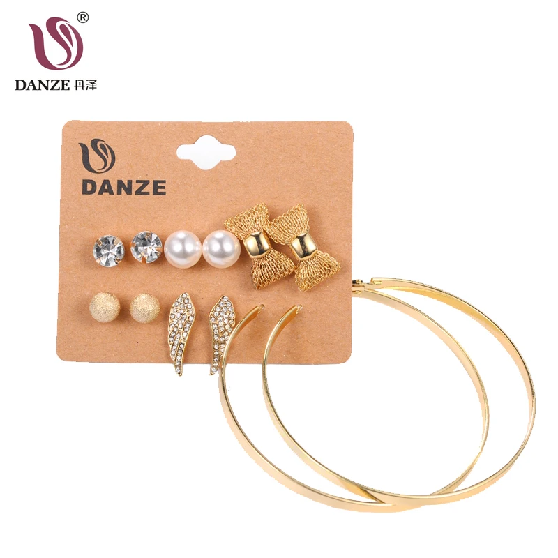 

DANZE 6 Pairs/lot Fashion Gold Crystal Stud Earrings Set for Women Girls Bow Angle Wings Metal Ball Female Circles Earrings