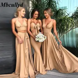 Mbcullyd эластичный атлас длинные платья подружки невесты 2019 В образным вырезом Высокая разделение трапециевидной формы для женщин Свадебная