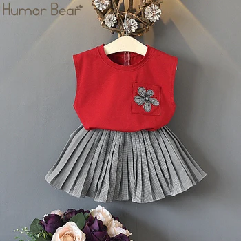 

Humor Bear 2019 Summer New Girls' Clothing Children's Clothing Sleeveless lower Pocket T-Shirt + Plaid Skirt Kids Clothing Set