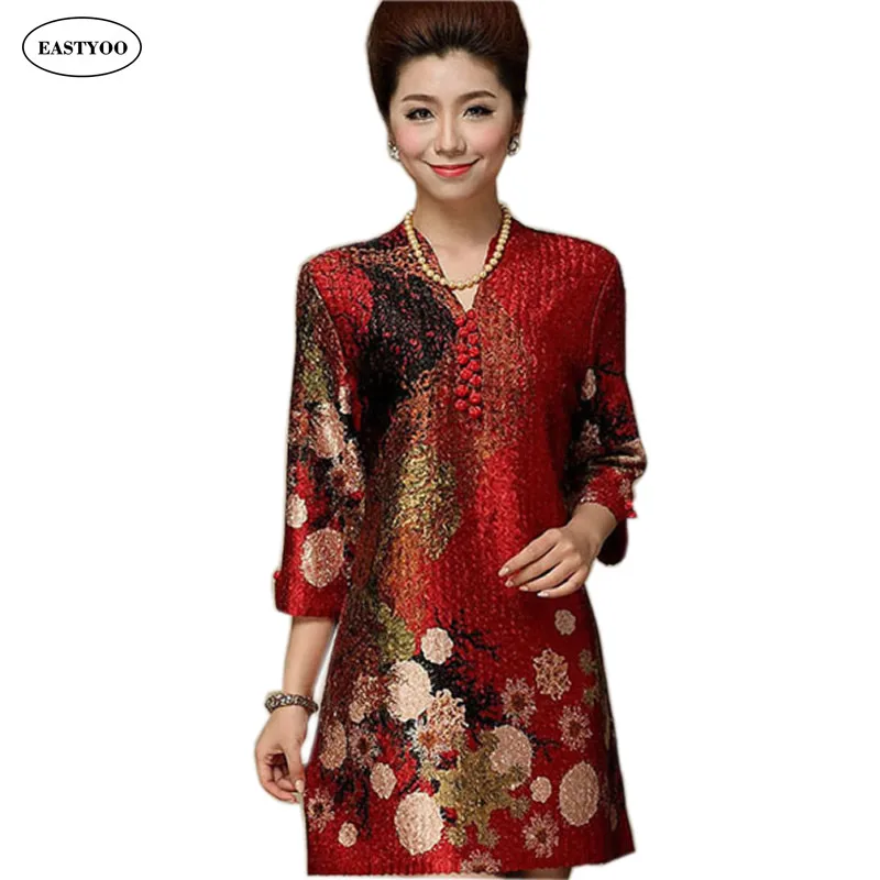 Buy Cheap Chinese Silk Dresses Women Summer 2017 Plus Size 7XL Clothing Flowers Cheongsam Dress Red Middle Age Clothing Vintage Dress