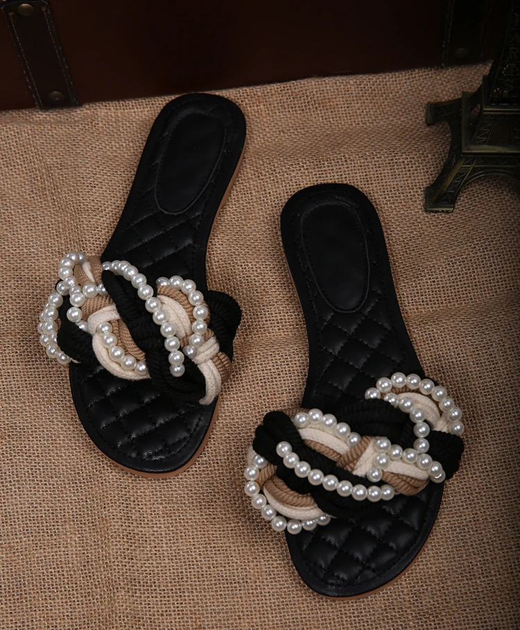 Koovan/женские шлепанцы; Новинка года; стильные модные туфли на плоской подошве с жемчугом; женская летняя обувь на плоской подошве; женские пляжные модные плетеные сандалии