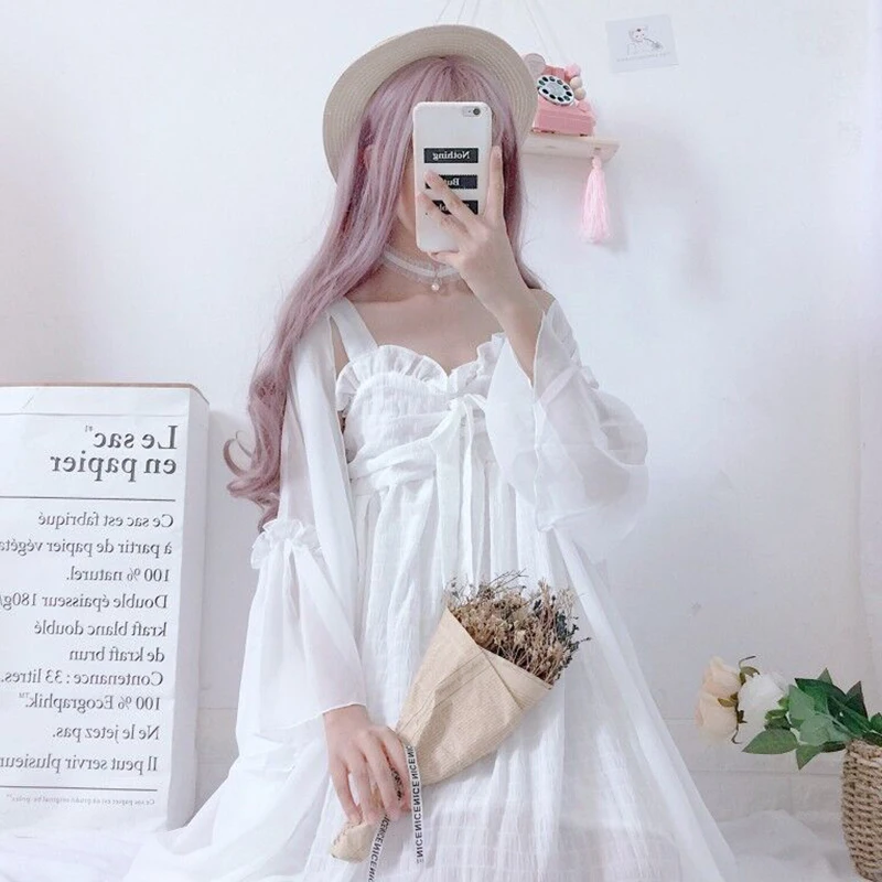 

Sweet Dress Women Bow Lace High Waist Loose Dress with Turmpet Sleeve Sun Protection Cardigan Two Piece
