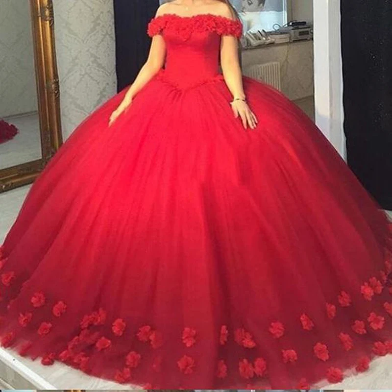 

Red Ball Gown Wedding Dress 2019 Flowers Sweetheart Off the Shoulder Wedding gown Bridal Dresses Plus Size Vestido De Noiva