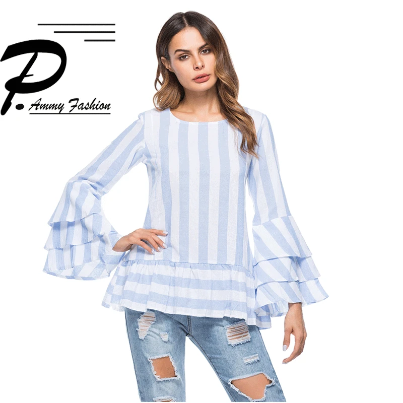 Fashion Flare Sleeve Striped T Shirts 2017 Womens Ladies Autumn O Neck