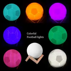 Творческий Цвет ful 3D принт светодиодные лампы футбол 7 цветов Футбол ночник погладить переключатель с деревянной кронштейн Перезаряжаемые