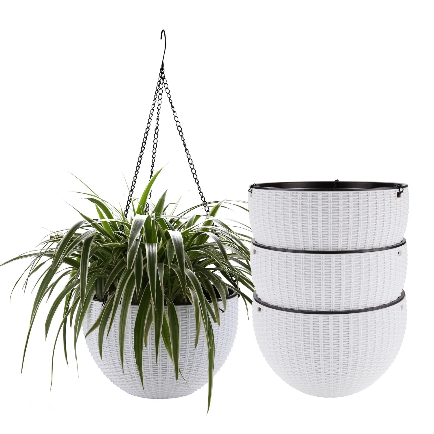

T4U 10" Self Watering Hanging Planter Basket with Chain White, Modern Plastic Flower Pot Hanger Round Plant Holder Pack of 4
