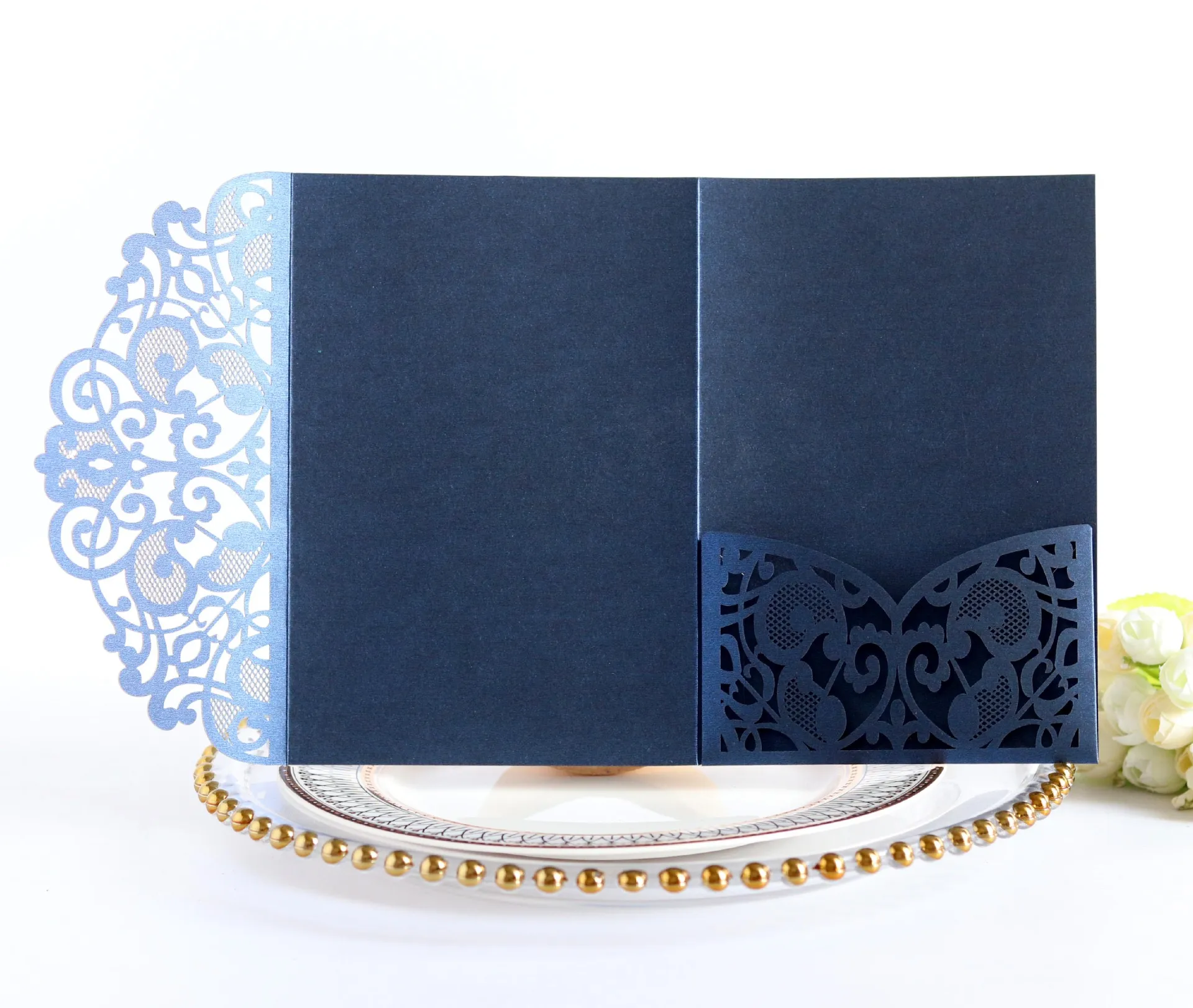  10pcs Blue Sample European Laser Cut Wedding Invitations Card Tri-Fold Lace Business Greeting Cards - 4000256936101