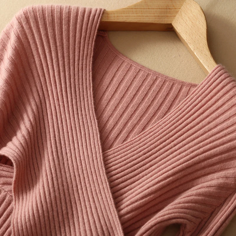 Sexy V neck Cashmere sweater cross knitting sweater Women elegant long sleeve pullover female winter Autumn casual jumper Sweaters