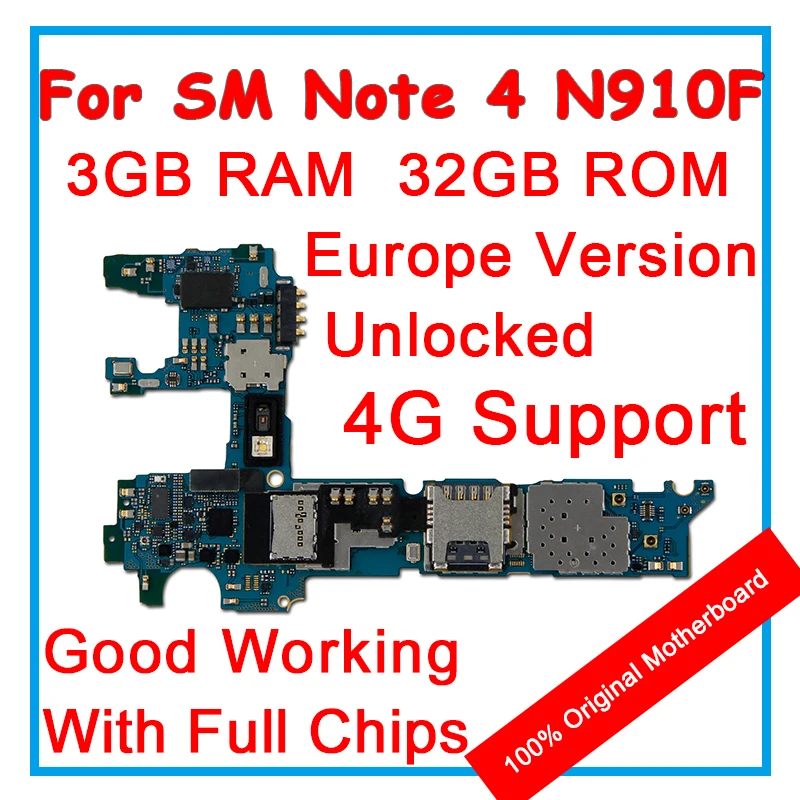 

100% Original Motherboard 32GB Unlocked Europe Version For Samsung Note 4 N910F Logic Mainboard With Chips Android OS System