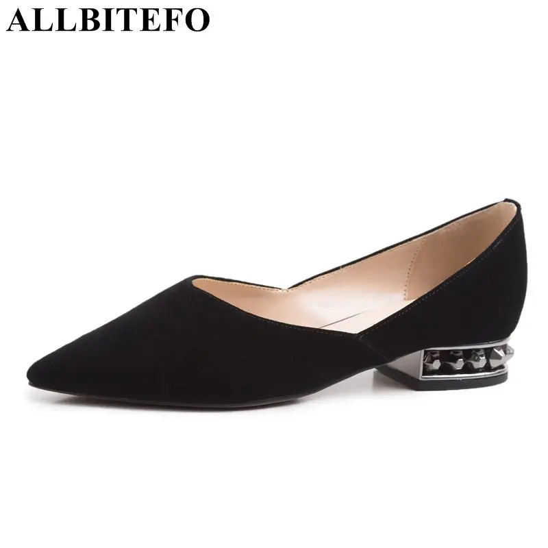

ALLBITEFO brand genuine leather women heels low heel shoes rivet square heels pointed toe casual ladies spring shoes woman