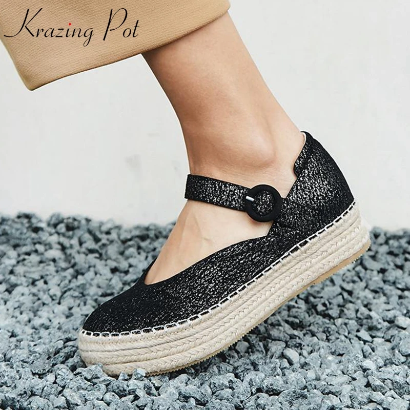 

Krazing Pot sheep leather round toe streetwear flat platform circular buckle straps European style vintage comfortable shoes L70
