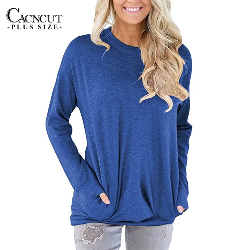 SpringLoose Big Size Women T Shirt Long Sleeve Pockets Casual Female T