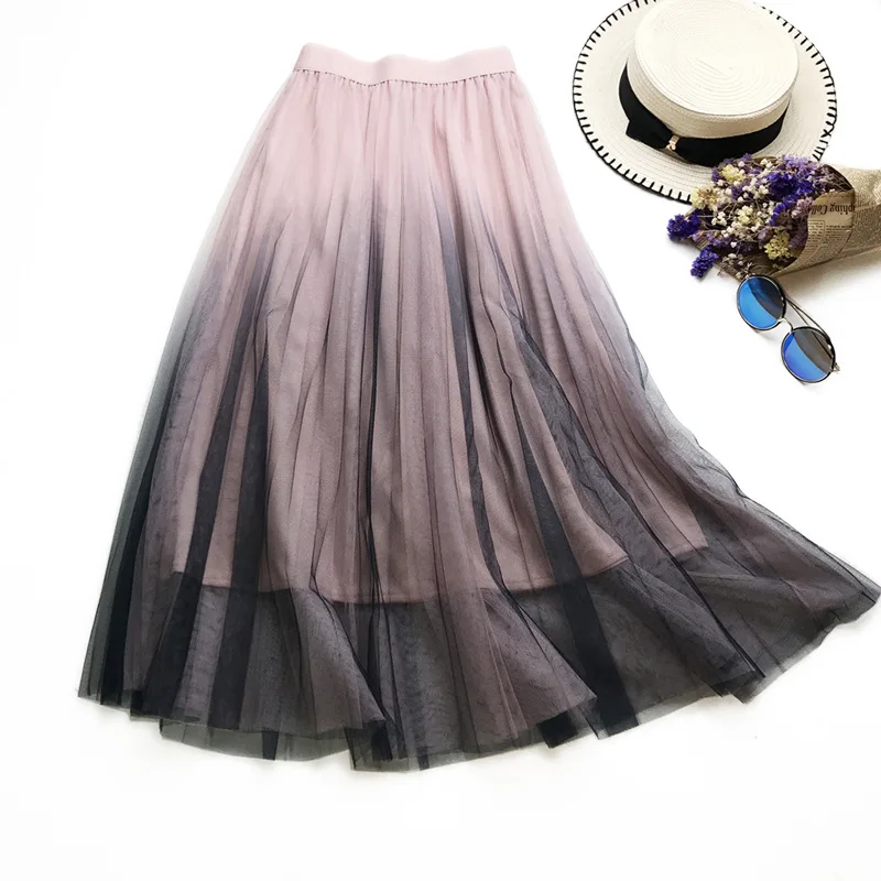 

Tulle Skirts Womens Beige Gray Pink Adults Gradual Color Pleated Skirt Elastic High Waist Casual Loose Mesh A-Line Midi Skirt