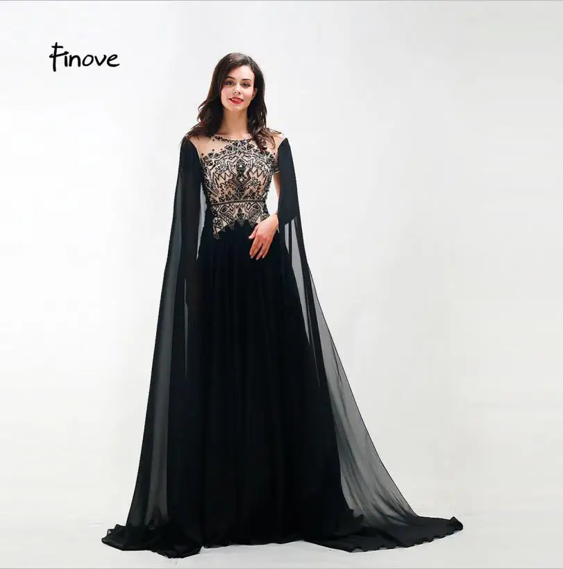 Finove New Style Long Evening Dress Woman Chic Evening Gown Beading Full Sleeved Floor Length Formal Clothing Plus Size - Цвет: Black