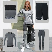 Новинка, Женский комплект для йоги, рукав, штаны для фитнеса+ спортивный бюстгальтер+ футболка+ шорты, 5 шт., Одноцветный спортивный костюм с буквенным принтом, одежда для спортзала, 3XL, большой размер