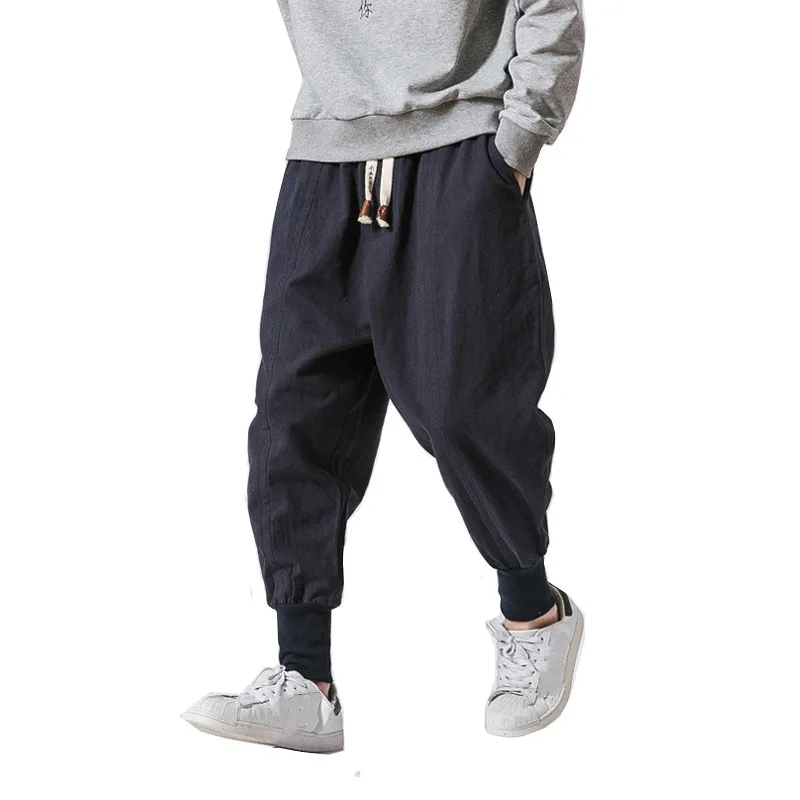 Шаровары мужские хлопковые и льняные японские Свободные Хип-хоп Маленькие ноги Беговые Брюки Модные уличные мужские брюки для мужчин 2019