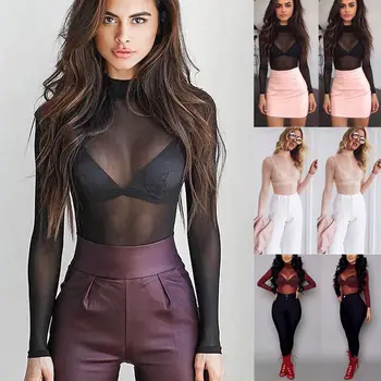 

2018 Women Bodysuit Mesh Fish Net Slim Turtleneck Long Sleeves Bodysuit Sexy See Through One Piece Top