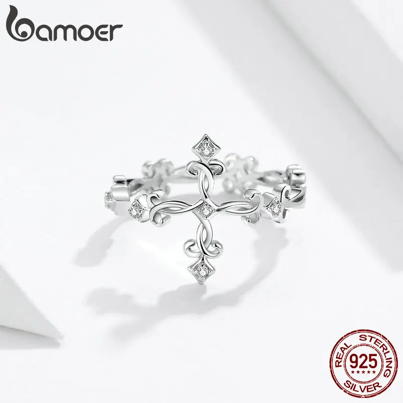 Bamoer, ретро узор, крест, регулируемое кольцо на палец для женщин, 925 пробы, серебро, Винтаж, Цветок, кольца, серебро, Bijoux BSR041
