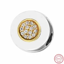 Шикарный принт логотип бусины с центральной 14 K золото и прозрачный CZ для женщин ювелирных изделий DIY Fit PANDORA Подвески Серебро 925 CL039K