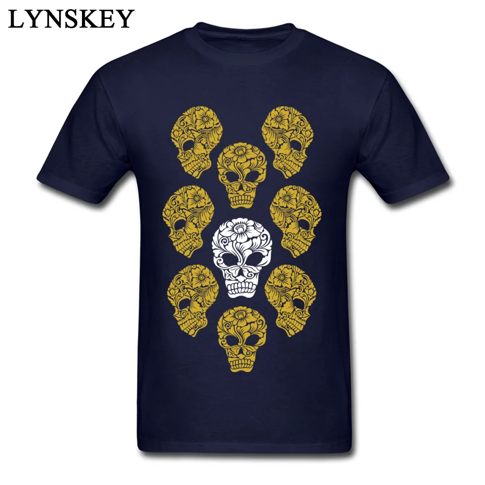 100% Cotton Men Short Sleeve T-Shirt Printed On Tops Tees Cheap Design Crewneck Tee Shirts White and gold skull heads White and gold skull heads navy