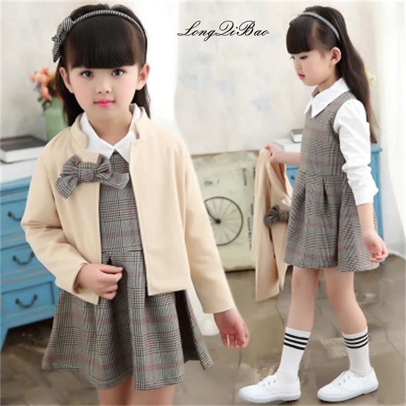 

Girls Korean plaid dress 2018 spring children's clothing big boy long-sleeved jacket dress two-piece