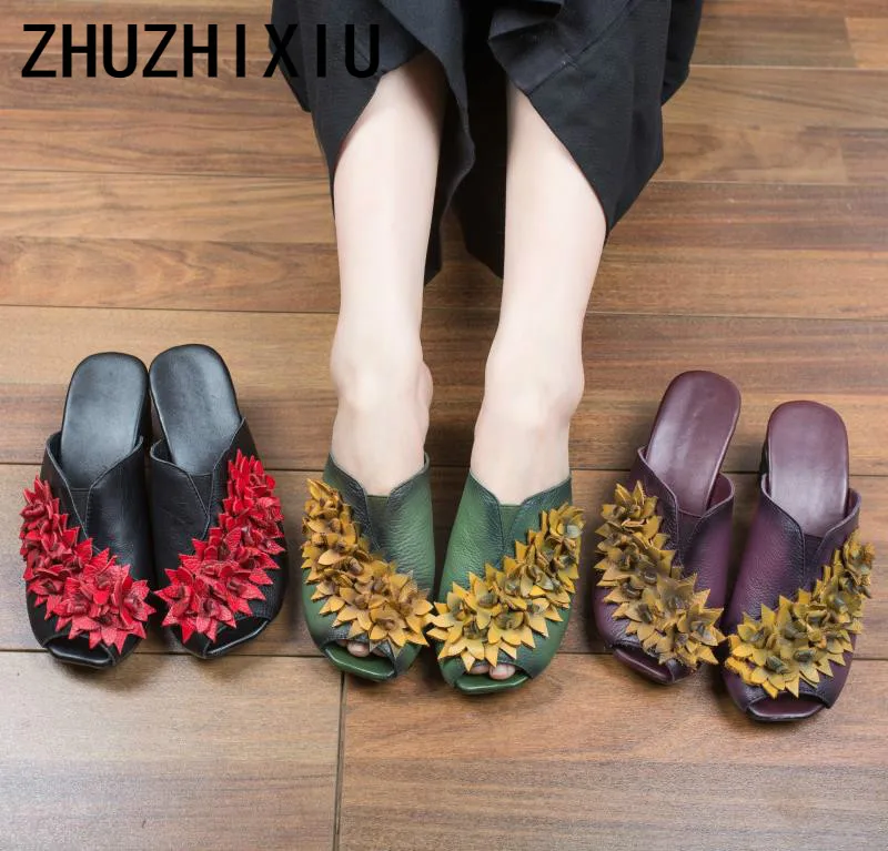 ZHUZHIXIU-Free shipping,2018 summer new national style genuine leather women's slippers,flower and middle heel slippers,3colors ZHUZHIXIU-Free shipping,2018 summer new national style genuine leather women's slippers,flower and middle heel slippers,3colors