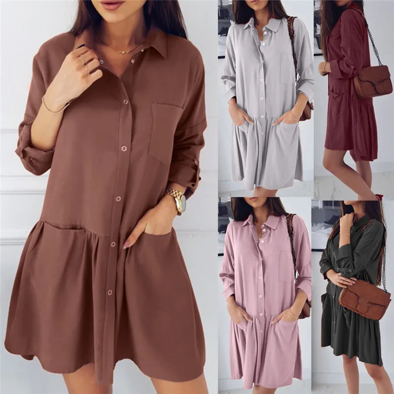 Fashion casual dress 2018 women autumn Long Sleeve Loose Pocket shirt dress Blouse elegant Dress robe female vestido O26#N (5)