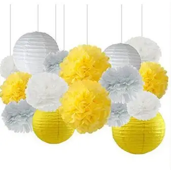 

Set of 16 Mixed Yellow Gray White Party Tissue Pom Poms Pompoms Paper Lantern Wedding Birthday Shower Party Hanging Decoration