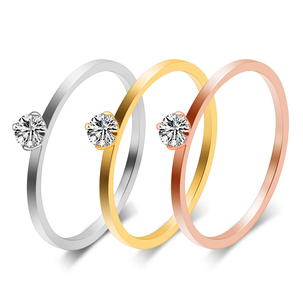 Модное новое простое 1 мм тонкое циркониевое кольцо из нержавеющей стали для женщин розовое золото и серебро обручальные обручальные кольца