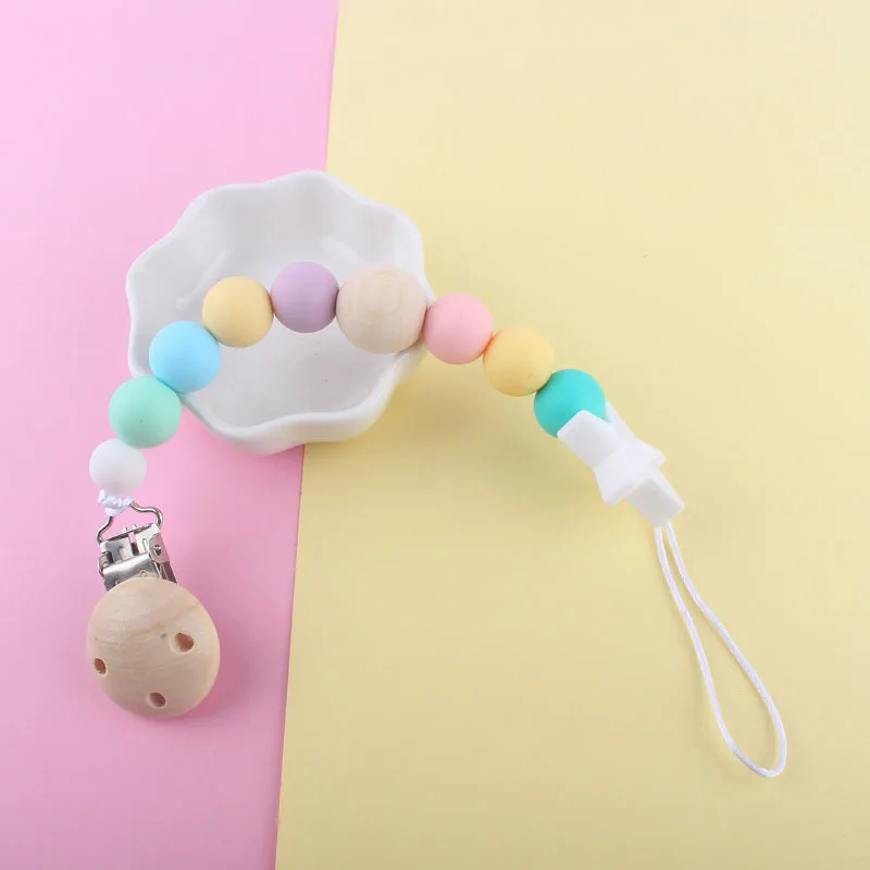 Baby Pacifier Clip Chain Silicone Beads Wooden Holder Soother Pacifier