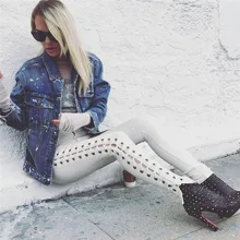 Fashion Side Lace Up Women Jeans Joggers Pants White Black Stretch Leggings Sexy Small Leg Hollow Out Side Open Punk Trouser