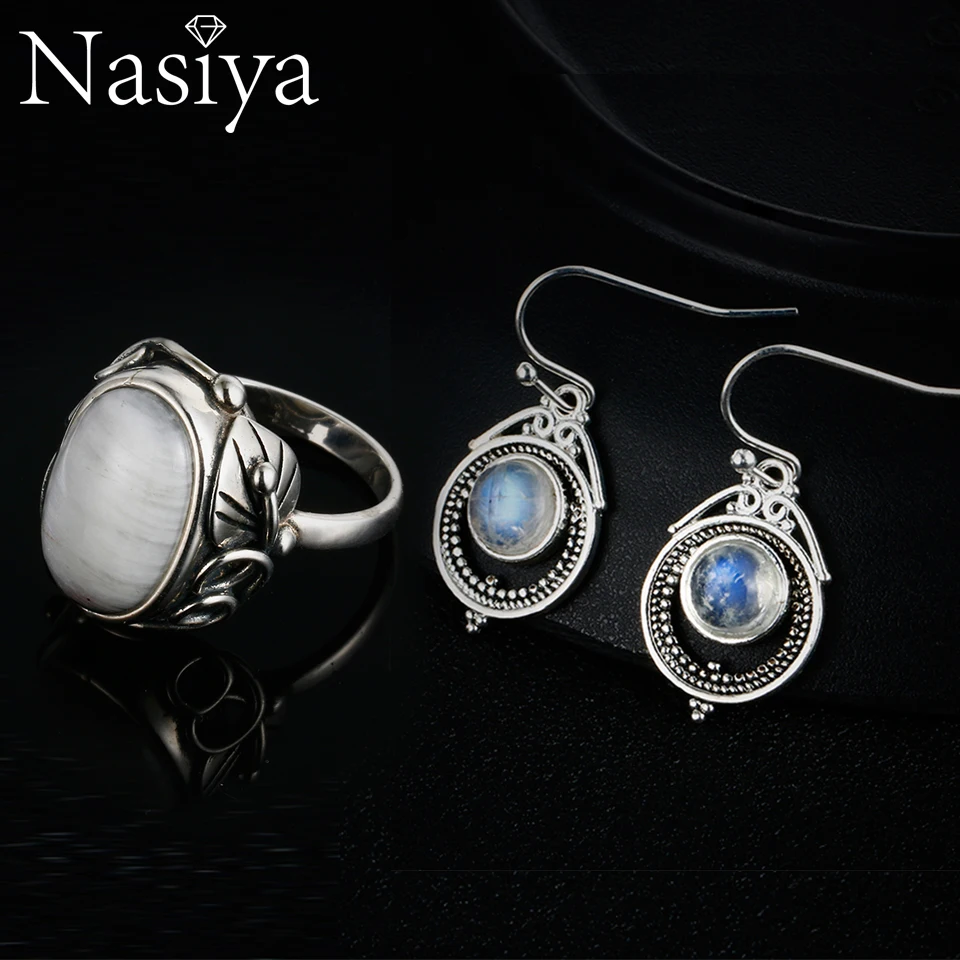 Nasiya, 925 пробы, серебро, натуральный лунный камень, винтажное ювелирное изделие для женщин, висячие серьги, кольцо, вечерние ювелирные изделия, набор, подарок, хорошее ювелирное изделие