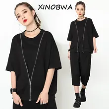 Европа новые летние Для женщин модные свободные с круглым вырезом Bat Половина рукава на Молнии Черная футболка Топы Женский Плюс Размеры личности рубашка футболки