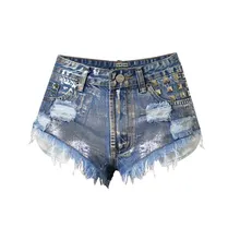 Тренд-сеттер летние джинсовые шорты с высокой талией женские рваные Горячие Джинсы металлические серебристые рваные штаны в стиле панк Шорты повседневные