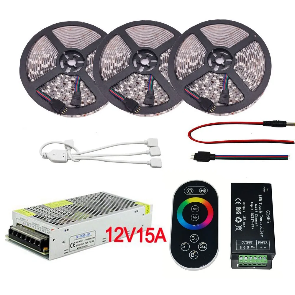 RGB светодиодные полосы набора DC12V 60led/m 5 м-20 м 5050 СИД гибкий свет + Мощность адаптер + 6Ax3channel 18A GT666 светодиодный контроллер Touch