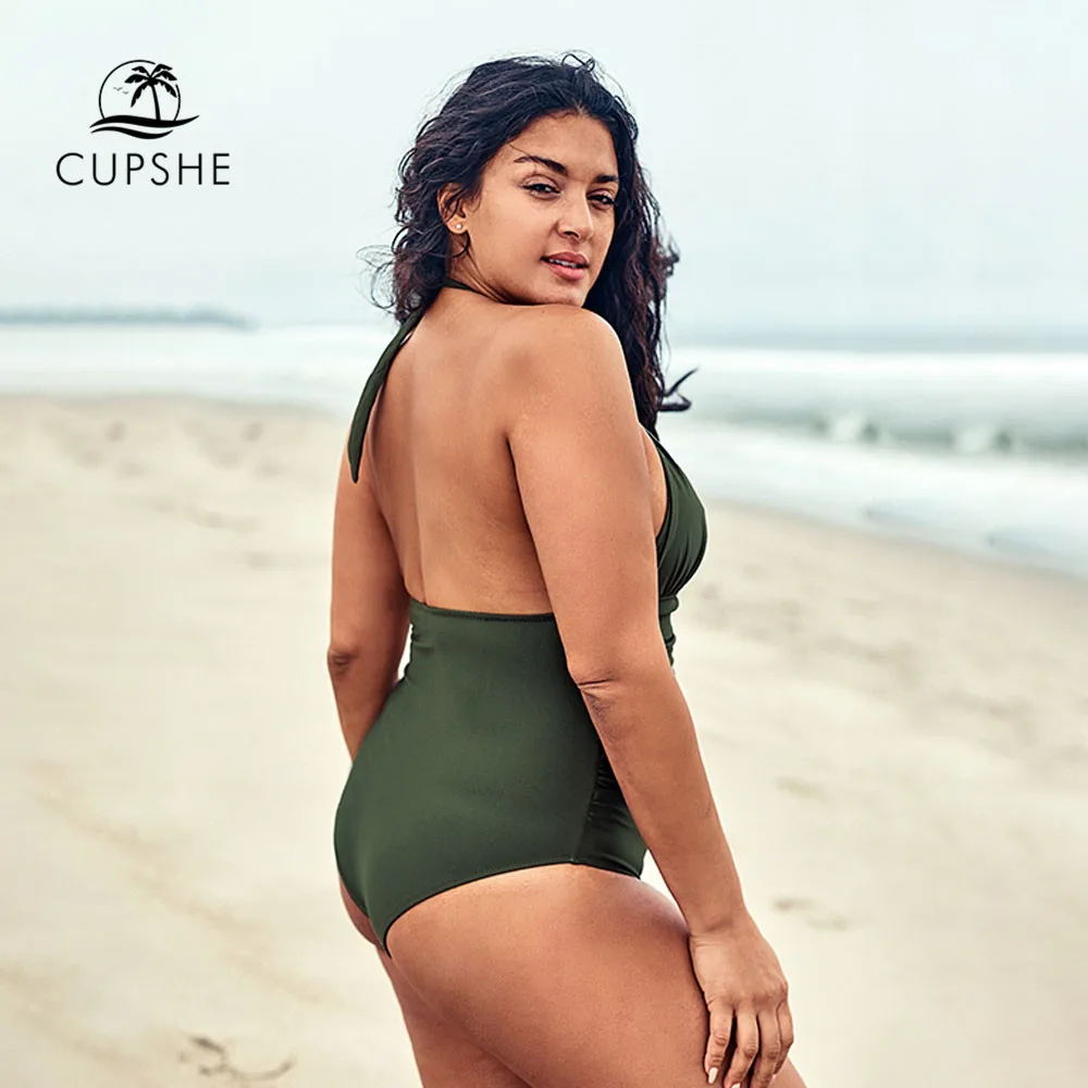 Günstige CUPSHE Plus Größe Oliven Halter One Piece Badeanzug Sexy Cut out Backless Lace Up Frauen Monokini Badeanzüge 2020 strand Bademode