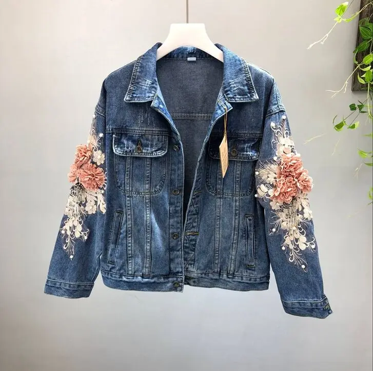 Осень 2018 г. для женщин вышивка трехмерные цветы жемчуг бисера Короткое джинсовое пальто женщина с длинным рукавом джинсовая куртка Женское