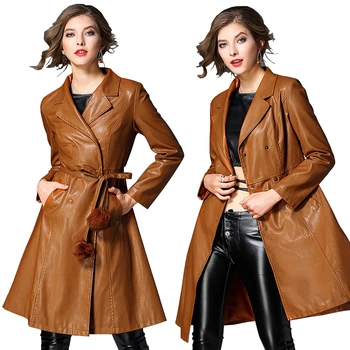 

Double Breasted PU Leather Trench Coat Women Autumn Winter Black Brown Belt Long Sleeve Faux Leather Long Trench Coat Plus Size