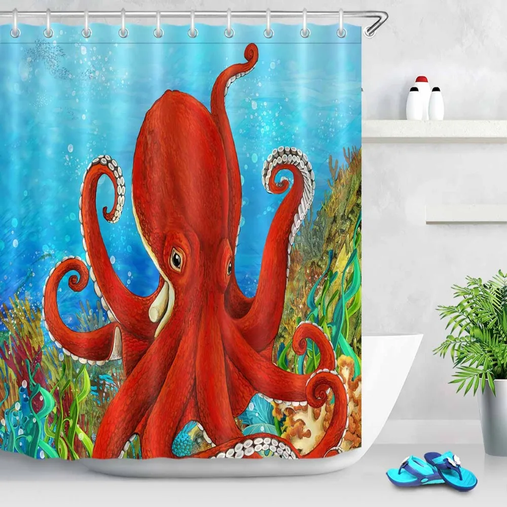 LB Waterproof Red Octopus Sea And Ocean Shower Curtains With Bath Mat
