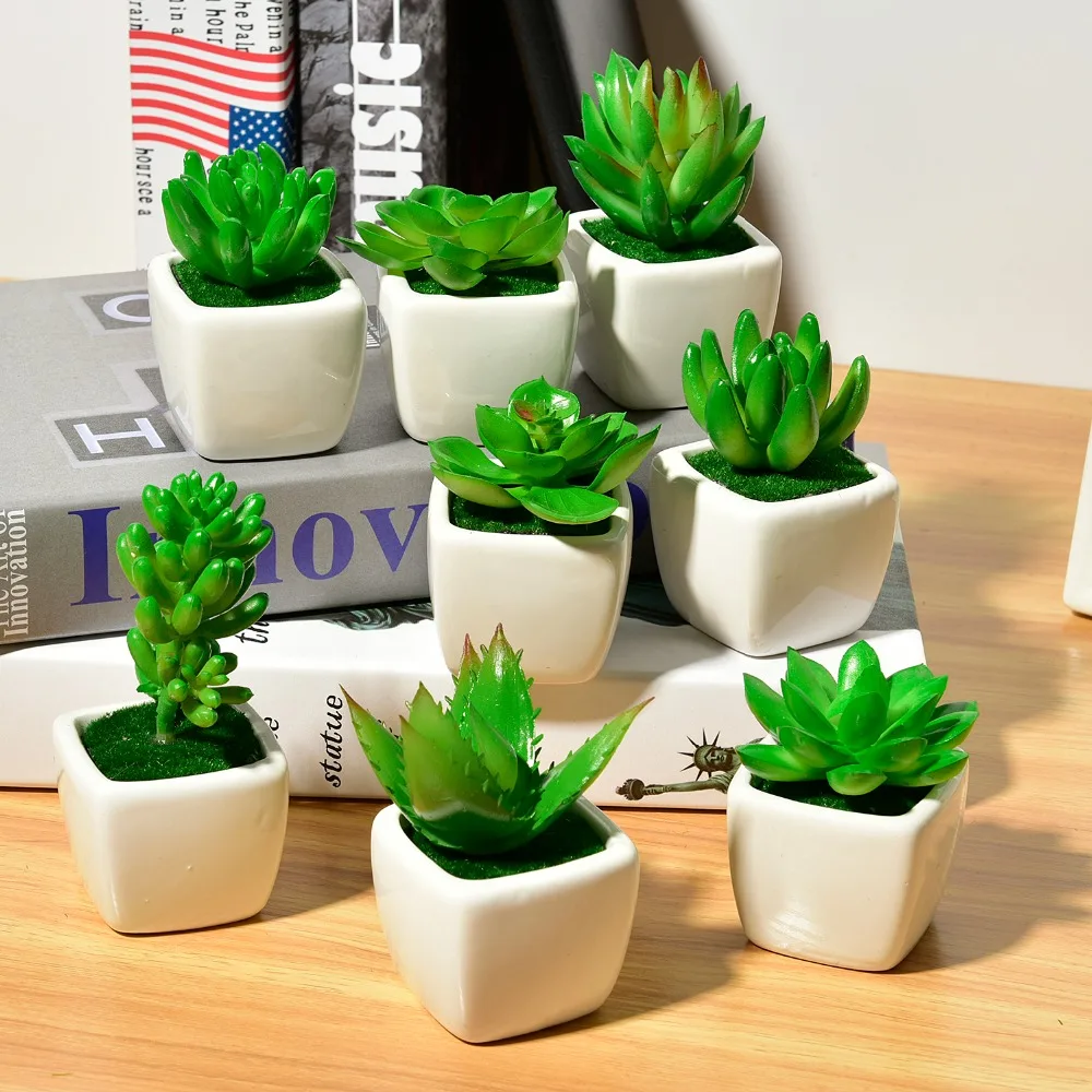 

Artificial flowers White Ceramic Flowerpot With Succulent Plant Pot Set Home Garden Decor Craft Fake Flower Bonsai Ornaments