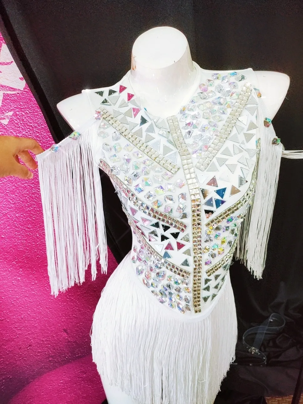 Модный зеркальный наряд со стразами женский певец DJ сценическое шоу Серебристые белые бахромы боди DS Производительность Костюм